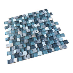 Glossy Blue and Blue Stone Random Brick Cubes Pattern Glass Mosaic Tiles - Home Accessories & Decor