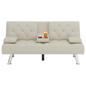 Modern Folding Futon, Tufted Polyester Seat & Drop Down Cupholders, Creamy White