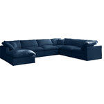 Meridian Furniture - Plush Velvet / Down Standard Comfort 7-Piece U-Shaped Modular Sectional, Navy - No matter how big or little the size of your gang, they can all find their sweet spot when you choose pieces from the Plush collection to build your ideal seating group. Choose this seven-piece set or pair multiple pieces together to get the custom look everyone will love. The soft navy velvet material is soft and welcoming to the touch, and the set's cushions are overstuffed with a down and feather blend to provide ample support for tired bodies.