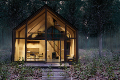 Small modern black two-story metal tiny house idea in Other with a shed roof and a metal roof