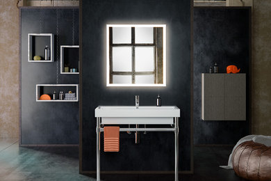 Design ideas for a large industrial master bathroom in New York with open cabinets, multi-coloured walls, concrete floors, a console sink and black floor.