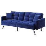 Acme Furniture - ACME Mecene Adjustable Sofa  in Blue Velvet - Sumptuously upholstered surface is perfect for lounging and seating. This appealing and functional modern piece is fully covered in a soft velvet and can easily be transformed into a comfy bed.  Grid tufted design on the sofa cushions adds rich visual depth, while tapered metal legs in lustrous silver are both chic and sophisticated.  Two accent pillows are the same color as the sofa and easily improve the overall aesthetic.