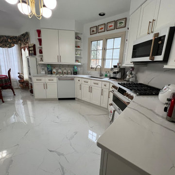 White Shaker Kitchen Remodel with Marble-Look Porcelain Floor in Arlington, VA