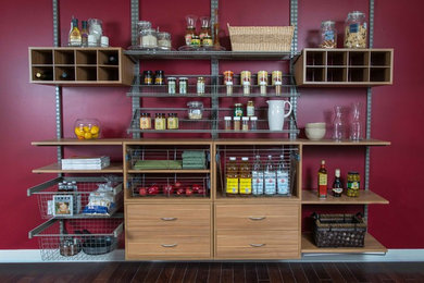 Inspiration for a mid-sized modern single-wall kitchen pantry in Miami with flat-panel cabinets, light wood cabinets, wood benchtops and medium hardwood floors.