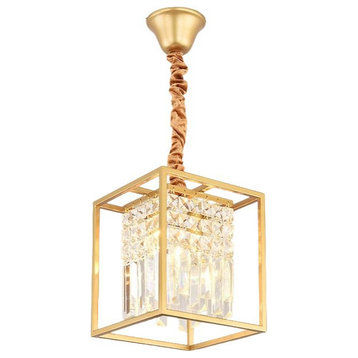 Square Crystal Hanging LED Chandelier, Gold, Warm Light, Dimmable