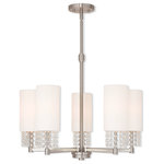 Livex Lighting - Carlisle 5-Light Chandelier, Brushed Nickel - A contemporary style chandelier from the Carlisle collection. The design features a stem mounted brushed nickel chandelier and canopy, with hanging strands of beautiful clear crystal. The crystal drapes from the hand crafted off white fabric hardback shades and creates a magnificently sophisticated look.