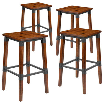 Set of 4 Industrial Bar Stool, Backless Design With Wooden Seat, Antique Walnut