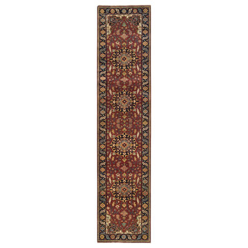 Red Hand Knotted Antiqued Sarouk Re-Creation 100% Wool Runner Rug 2'7"x12'