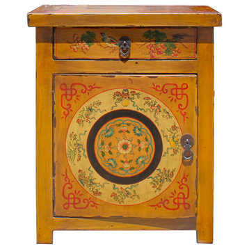 Chinese Oriental Distressed Mustard Yellow Graphic End Table Nightstand Hcs5767