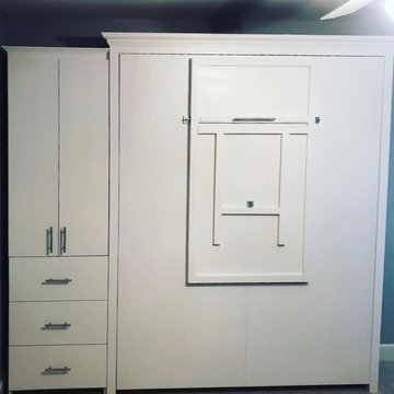 Vertical Queen Murphy Bed Cabinet with Side Storage in White