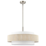 GETLEDEL - 5-Light Double Drum Shaded Chandelier Ceiling Light - This 5-light shaded chandelier features a double drum design that completes a modern and elegant look. Its brushed nickel finish paired with beige outer rope shade and white fabric inner shade creates transitional style that fits most home decor. The double drum shades help to soften lights and diffuse delicate light throughout your room. With two 6" and three 12" down rods, this fixture's height can be adjusted to a maximum height of 52". This ceiling light is perfect to achieve your desired fashion or functional needs in your home.
