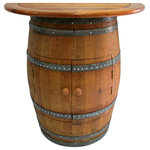 Master Garden Products - Cabinet Style Wine Barrel Console Table With Teak Wood Table Top,36"Wx36"Hx13"D - Rustic used oak wood barrel with a handcrafted Indonesian teak wood half round table table top makes this a unique and eye catching console table for your home and business. They are very popular as decorations as well as practical uses in places such as a bar or restaurant, or in your very own home. Barrel console tables are great to be put against the wall, or around any corners, or areas with limited space as well as a cabinet for extra storage. Teak wood table top dimension 36"W x 17.5"D x 1" thick. Barrel stand dimension 26"W x 35"L x 13"D.
