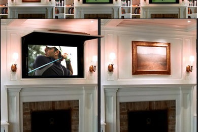 Living room - traditional living room idea in Los Angeles with beige walls, a standard fireplace and a media wall