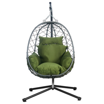 Leisuremod Summit Outdoor Egg Swing Chair in Gray Steel Frame, Dark Green
