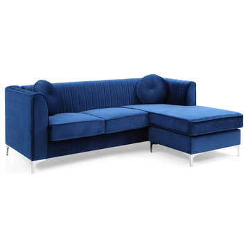 Delray 87 in. Navy Velvet L-Shape 3-Seater Sectional Sofa With 2-Throw Pillow