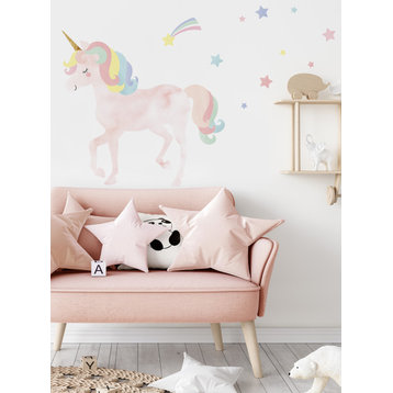 Watercolor Twinkling Unicorn with Stars Vinyl Wall Sticker, Small