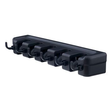 Superio Mop and Broom Holder Wall Mount, 5 Slots and 6 Hooks, Black.