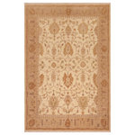 Bareens Designer Rugs - Boho Chic Ziegler Chandra Beige Tan Hand-Knotted Wool Rug - 8'0'' x 10'0'' - Enhance the ambiance of your home with this magnificent Persian-influenced Turkish hand-knotted rug made by skilled artisans capable of creating the most exceptional vegetable dyes and hand-spun wool. This exquisite handmade rug is a one-of-a-kind Peshawar Kafkaz, otherwise identified as Chobi, Chobi Peshawar, Oushak, or Ziegler rug. These handmade rugs are crafted in Pakistan utilizing superior-quality wool imported from Australia, New Zealand, and Korea in two types of weaves: the Persian weave and the Mori weave. This rug is meticulously crafted by hand using the finest natural vegetable dyes extracted from local plants. The artisans use a blend of hand-spun local and fine merino wool, resulting in a rug with a compelling texture, higher lanolin content, and longer staple. The artisans occasionally incorporate natural or artificial silk into the pile to enhance specific motifs. The finished product is an awe-inspiring execution of flawless design and an understated palette that exudes elegance.