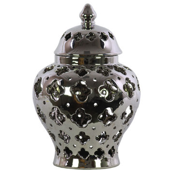 Urn Vase, Cutout Quatrefoil Design Body and Tapered Bottom, Silver, Large