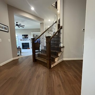New Stair Components. Ballusters Sanding and Refinishing - new LVP and Carpet