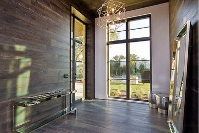 Large modern foyer in Austin with dark hardwood floors and a black front door.