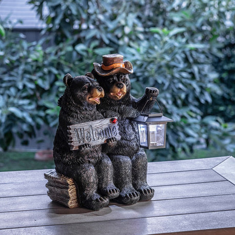 15" Tall Outdoor Bear Couple with Lantern and Welcome Sign Statue with Solar LED