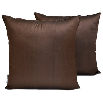 Art Silk Plain & Solid Set of 2, 14"x14" Throw Pillow Cover - Dark Brown Luxury