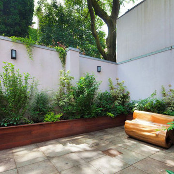 Brooklyn, NYC Backyard: Bluestone Patio, Bench, Planter Boxes, Shade Garden