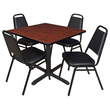 Cain 42" Square Breakroom Table- Cherry & 4 Restaurant Stack Chairs- Black