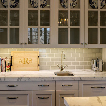 Great room/kitchen with white marble