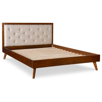 Mid Century Modern Platform Bed, Angled Legs and Button Tufted Headboard, King
