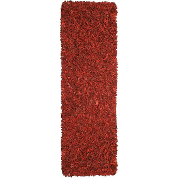 Red Pelle Leather Shag Rug, 2.5'x12' Runner