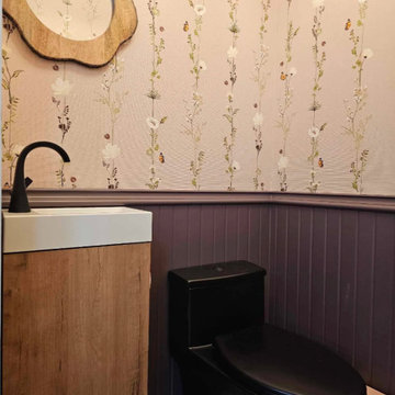 Petite Powder Room with Floral Wallpaper