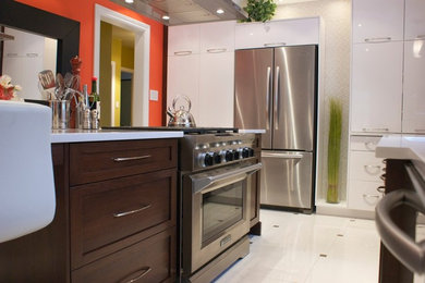 Enclosed kitchen - mid-sized contemporary porcelain tile and white floor enclosed kitchen idea in Other with an undermount sink, shaker cabinets, white cabinets, quartz countertops, stainless steel appliances and an island