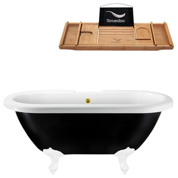 59" Black Clawfoot Tub and Tray, White Feet, Chrome External Drain