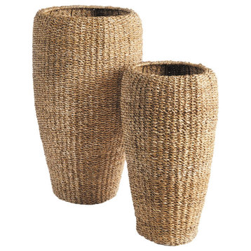 Elegant Tall Tapered Round Planters Set of 2 Woven Seagrass Baskets Minimalist