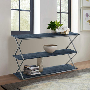 Unique Console Table, Metal Base With X-Sides & 3 Tiers, Black/Brushed Stainless Steel