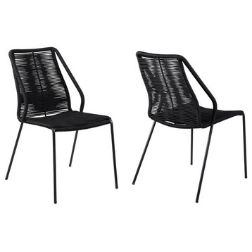 Clip Indoor Outdoor Stackable Steel Dining Chair With Black Rope, Set of 2