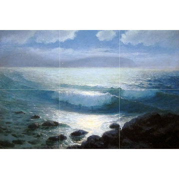 Tile Mural Kitchen Backsplash Moonlight Seascape Waves Sea, Marble