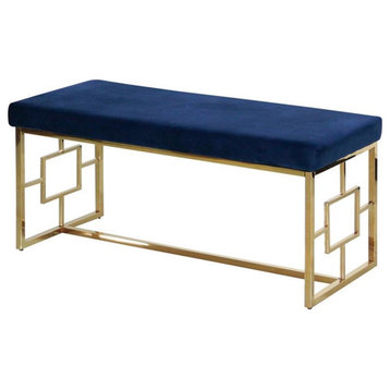 Best Master Velvet Upholstered Bench with Stainless Steel Frame in Blue/Gold