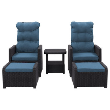 CorLiving Lake Front  Rattan Patio Recliner and Ottoman Set, 5-Piece, Black/Blue