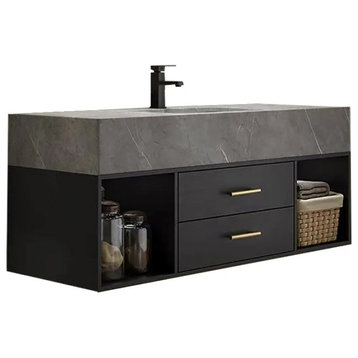 Black & Gray Bathroom Vanity with Sintered Stone Vessel Sink with 2 Drawers, Black, 39.4"w X 18.9"d X 21.64"h