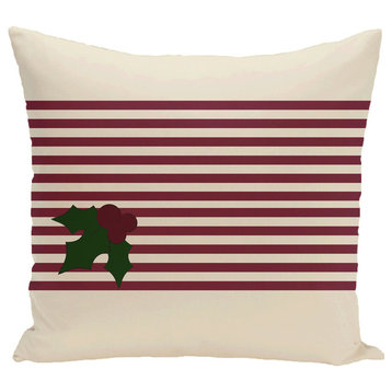 Holly Stripe, Decorative Holiday Stripe Print Pillow, Cranberry, 20"x20"