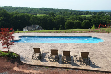 Inspiration for a large transitional backyard rectangular pool in Other with stamped concrete.
