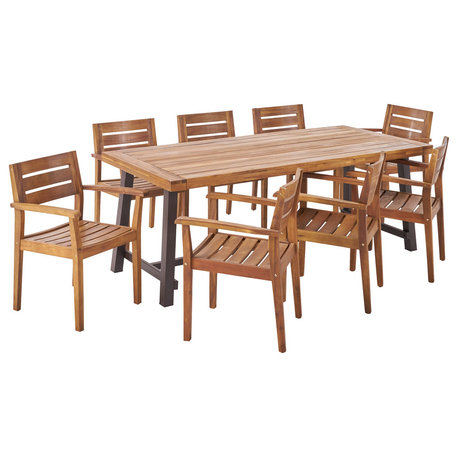 Kelly Outdoor Acacia Wood 8 Seater Dining Set, Teak, Black