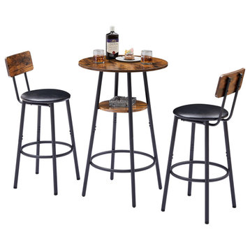 Round Bar Set with Upholstered Stool and Table Set, Rustic Brown