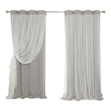 Tulle Overlay Star Cut Out Blackout Curtains, Dove, 52" W X 84" L