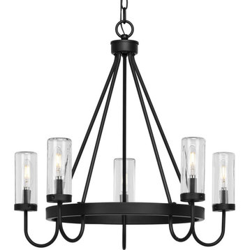 Swansea 4-Light 24" Matte Black Round Outdoor Chandelier With Clear Glass Shades