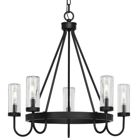 Swansea 4-Light 24" Matte Black Round Outdoor Chandelier With Clear Glass Shades