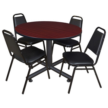 Kobe 48" Round Breakroom Table- Mahogany & 4 Restaurant Stack Chairs- Black
